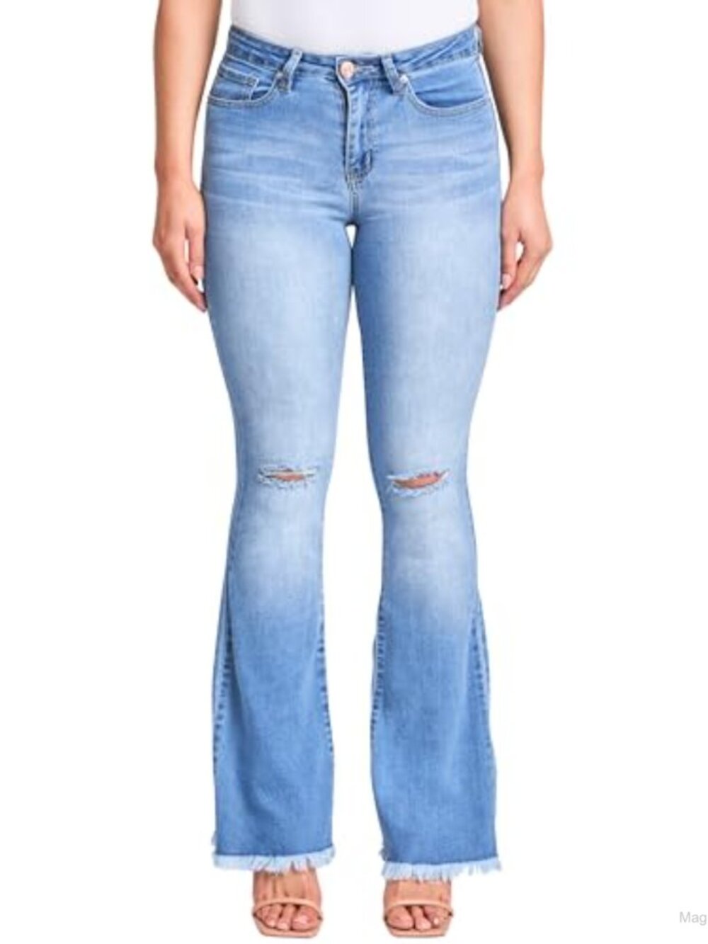 High-Rise Flare Jeans with Frayed Hem Long Inseam 34"